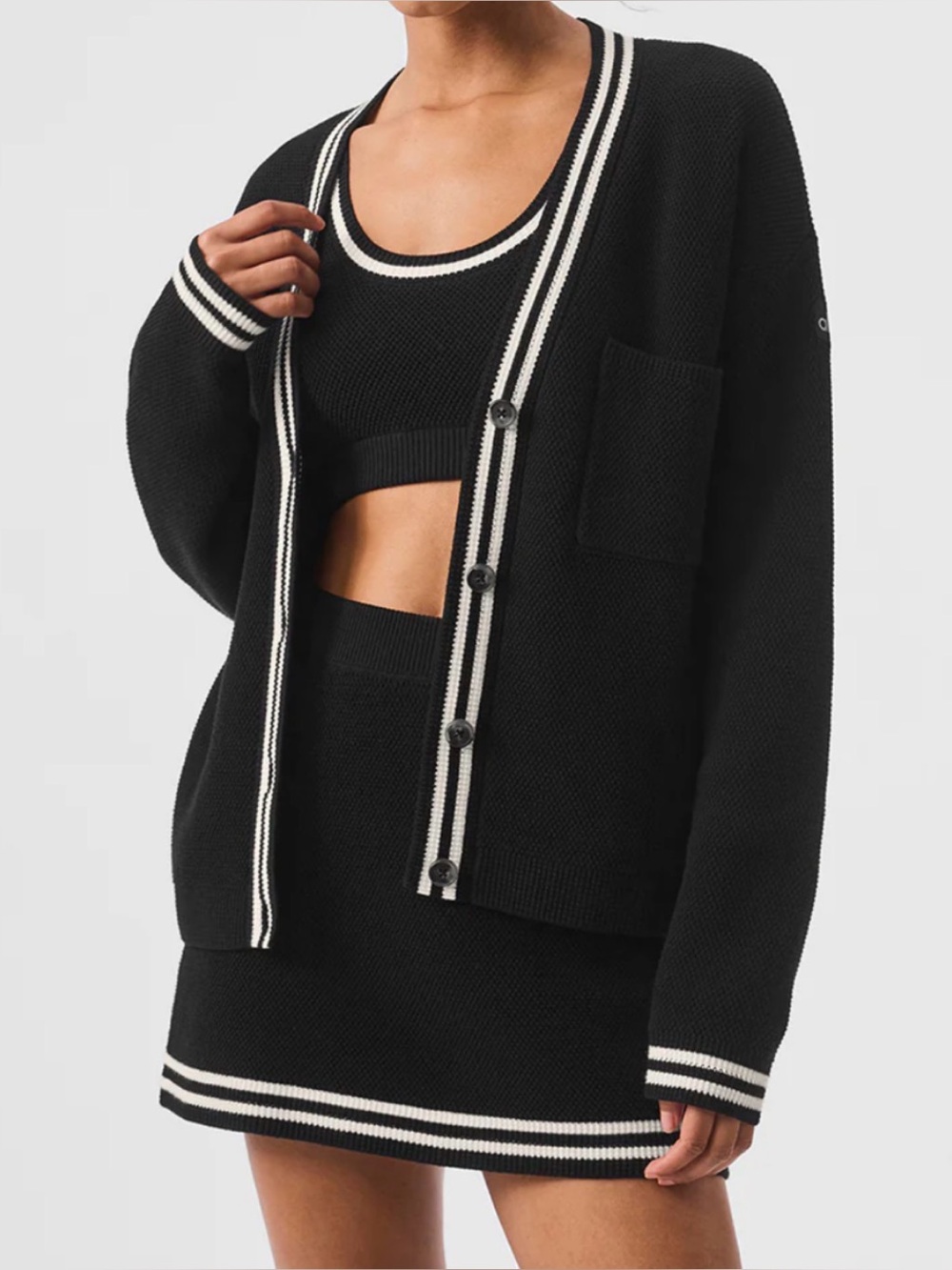 ALO Yoga Black Sweater with White Logo and Trim